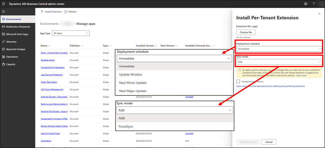 Business Central admin centre, Manage apps page with the Install Per-Tenant Extension pane open, showing the Deployment schedule options Immediate, Update Window, Next Minor Update and Next Major Update, and the Sync mode options Add and ForceSync