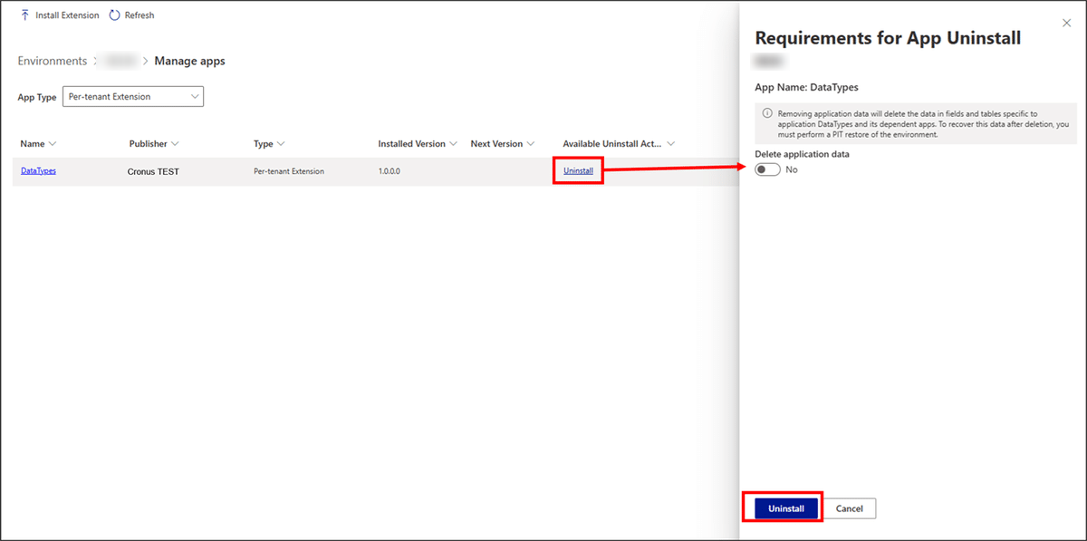 Business Central admin centre, Requirements for App Uninstall pane for a per-tenant extension, with the Delete application data toggle set to No and the Uninstall button